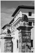 Columns toped with eagles. Hot Springs National Park ( black and white)