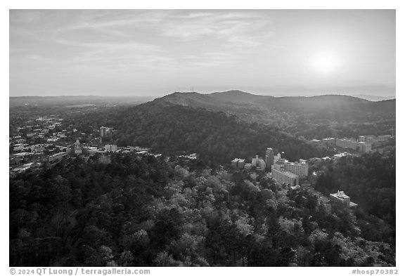 Looking west from Hot Springs Mountain Tower, spring sunset. Hot Springs National Park (black and white)