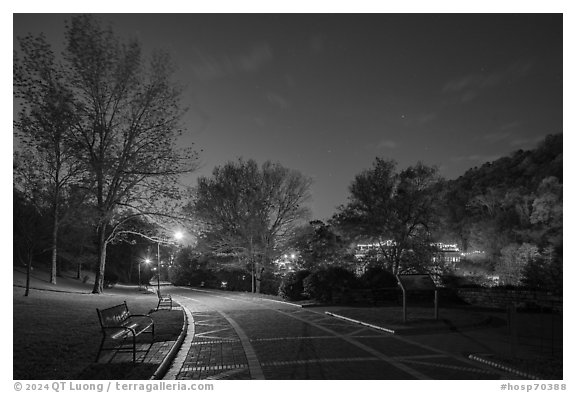 Grand Promenade and West Mountain at night. Hot Springs National Park (black and white)