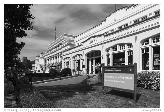 Bathhouse Row with Lamar Bathhouse Emporium. Hot Springs National Park (black and white)