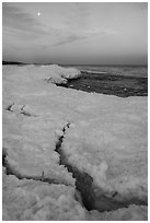 Cracks in shelf ice and moon at dawn, West Beach. Indiana Dunes National Park ( black and white)