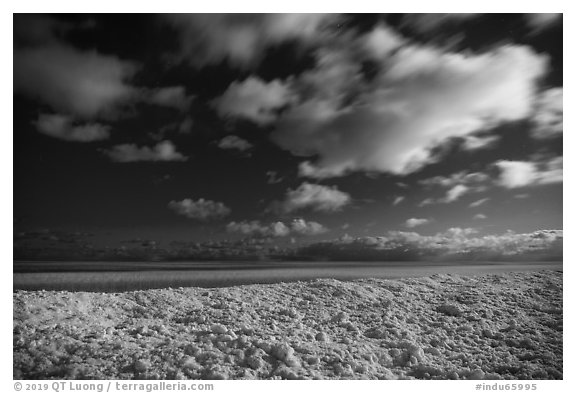 Shelf ice and moving clouds at night, West Beach. Indiana Dunes National Park (black and white)