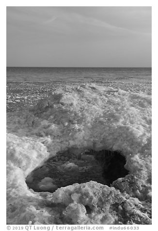 Opening in shelf ice. Indiana Dunes National Park (black and white)
