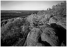Mount Franklin outcrop, trees, and Lake Superior in the distance. Isle Royale National Park, Michigan, USA. (black and white)