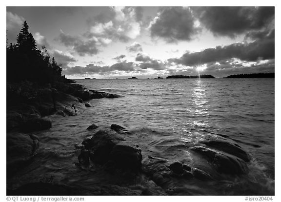 Rocks and cove at sunrise. Isle Royale National Park (black and white)