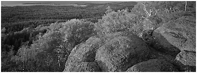 Rocky outcrop with last light. Isle Royale National Park (Panoramic black and white)