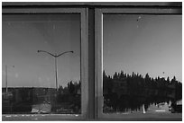 Snug Harbor window reflexion, Rock Harbor Visitor Center. Isle Royale National Park ( black and white)