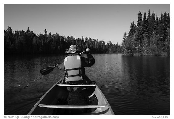 Canoist paddling seen from back, Tobin Harbor. Isle Royale National Park (black and white)