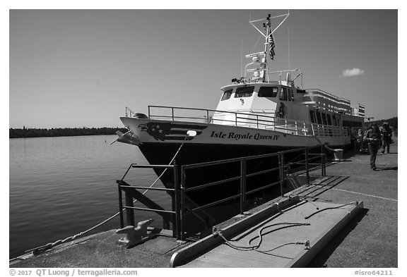 Backpackers and Isle Royale Queen IV ferry. Isle Royale National Park (black and white)