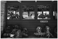 Backpacks lined behind visitor center, Rock Harbor. Isle Royale National Park ( black and white)