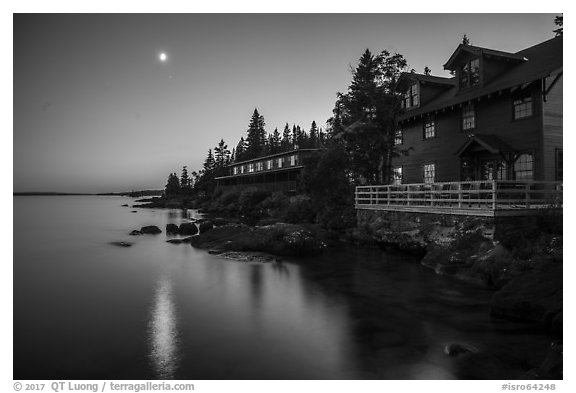 Rock Harbor Lodge and moon at dusk. Isle Royale National Park (black and white)