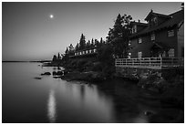 Rock Harbor Lodge and moon at dusk. Isle Royale National Park ( black and white)