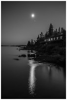 Rock Harbor Lodge at night, moon and reflection. Isle Royale National Park ( black and white)