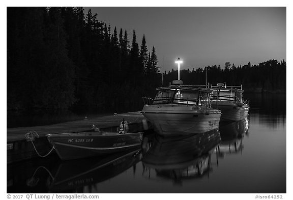 Rock Harbor marina at night. Isle Royale National Park (black and white)