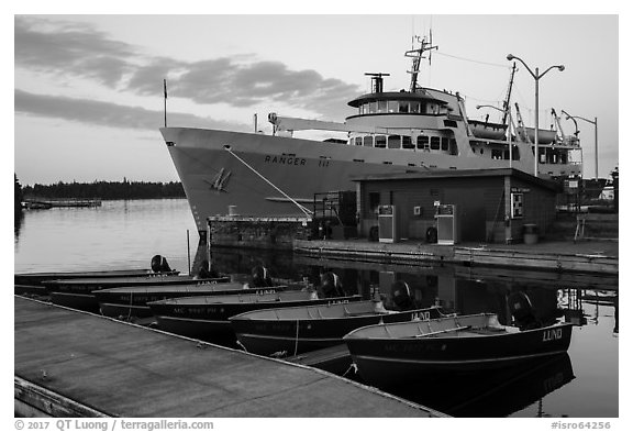 Rock Harbor marina with Ranger 3 ferry at dawn. Isle Royale National Park (black and white)