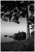 Tree, offshore islet, and Lake Superior, Mott Island. Isle Royale National Park ( black and white)