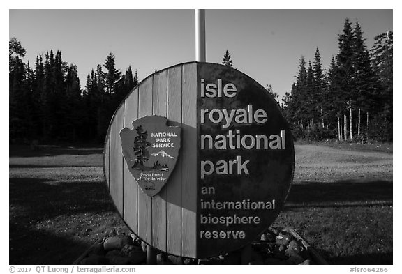 Isle Royale National Park sign, Mott Island. Isle Royale National Park (black and white)