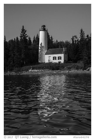 Rock Harbor Lighthouse with tree shadaow and reflection. Isle Royale National Park (black and white)
