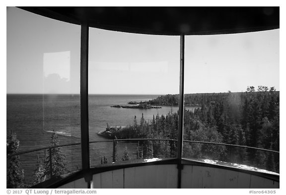 View from inside top of Rock Harbor Lighthouse. Isle Royale National Park (black and white)