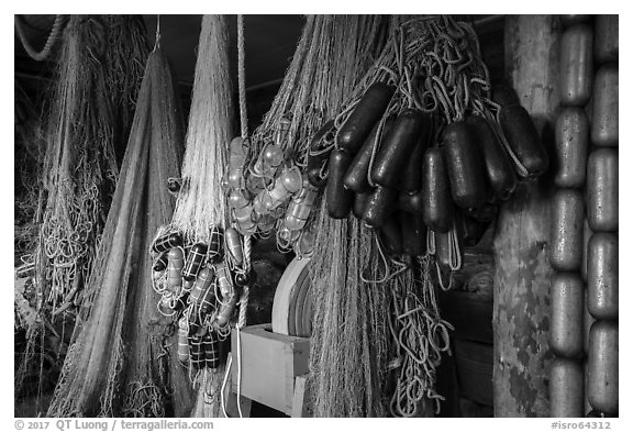 Fishing nets in Net House, Pete Edisen Fishery. Isle Royale National Park (black and white)