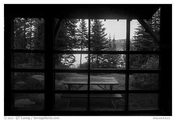 View from inside shelter, Moskey Basin. Isle Royale National Park (black and white)