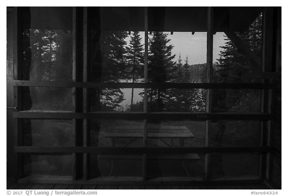 View from inside shelter at dusk, Moskey Basin. Isle Royale National Park (black and white)