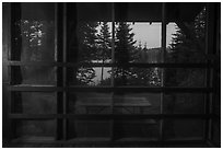 View from inside shelter at dusk, Moskey Basin. Isle Royale National Park ( black and white)