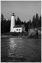 Rock Harbor Lighthouse and reflection. Isle Royale National Park ( black and white)