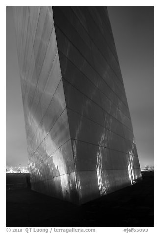 South pillar of Gateway Arch at night. Gateway Arch National Park (black and white)