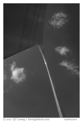 Arch from base with clouds and blue skies. Gateway Arch National Park (black and white)