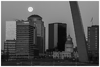 Downtown, Old Courthouse, Arch pillar, and moon. Gateway Arch National Park ( black and white)
