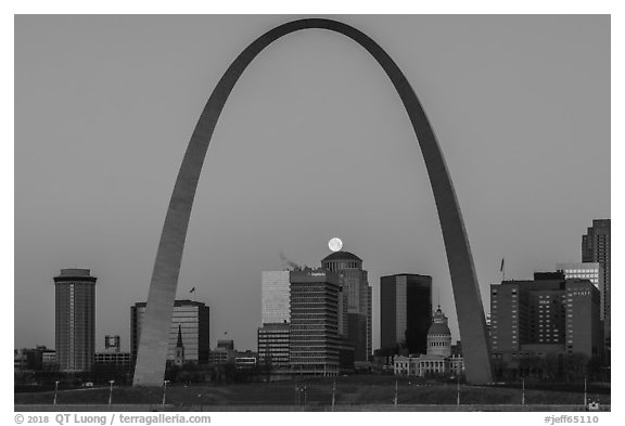 Moonset, downtown buildings, Old Courthouse, framed by Arch. Gateway Arch National Park (black and white)