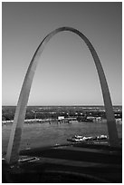 Arch and Mississippi River from above, late afternoon. Gateway Arch National Park ( black and white)
