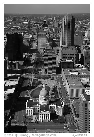 Old Courthouse and downtown St Louis from top of Arch. Gateway Arch National Park (black and white)