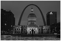 Old Courthouse, Arch, and downtown from Kiener Plaza at night. Gateway Arch National Park ( black and white)