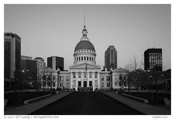 Old Courthouse and downtown from Arch's grounds at dawn. Gateway Arch National Park (black and white)