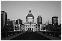 Old Courthouse and downtown from Arch's grounds at dawn. Gateway Arch National Park ( black and white)