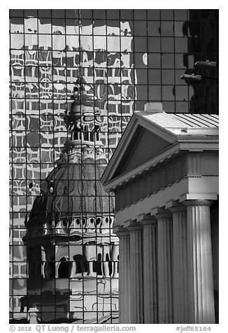 Old Courthouse and its reflection in glass building. Gateway Arch National Park (black and white)