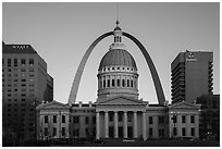 Old Courthouse, Arch, and downtown from Kiener Plaza at sunset. Gateway Arch National Park ( black and white)