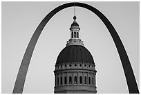 Old Courthouse dome and Arch at sunset. Gateway Arch National Park ( black and white)
