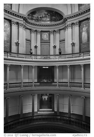 Old Courthouse rotunda with columns in diverse styles. Gateway Arch National Park (black and white)