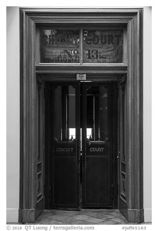 Door of circuit court, Old Courthouse. Gateway Arch National Park (black and white)