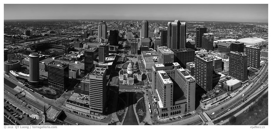 Downtown St Louis from top of Gateway Arch. Gateway Arch National Park (black and white)