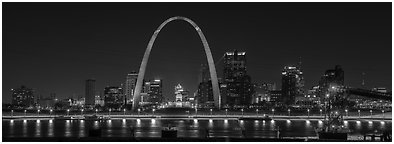 St Louis skyline from Mississippi River Overlook at night. Gateway Arch National Park (Panoramic black and white)