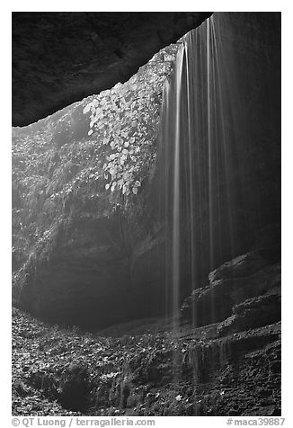 Ephemeral waterfall seen from inside cave. Mammoth Cave National Park (black and white)