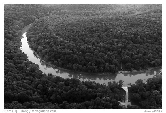 Aerial view of Green River and Houchin Ferry. Mammoth Cave National Park (black and white)