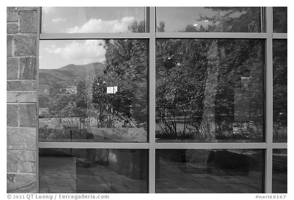Window reflexion Sandstone Visitor Center. New River Gorge National Park and Preserve (black and white)