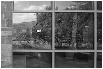Window reflexion Sandstone Visitor Center. New River Gorge National Park and Preserve ( black and white)