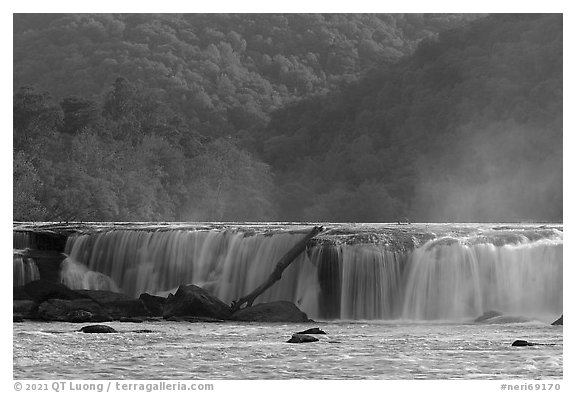 Sandstone Falls and hills. New River Gorge National Park and Preserve (black and white)