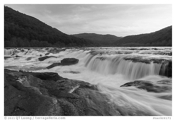 Sandstone Falls at sunset. New River Gorge National Park and Preserve (black and white)